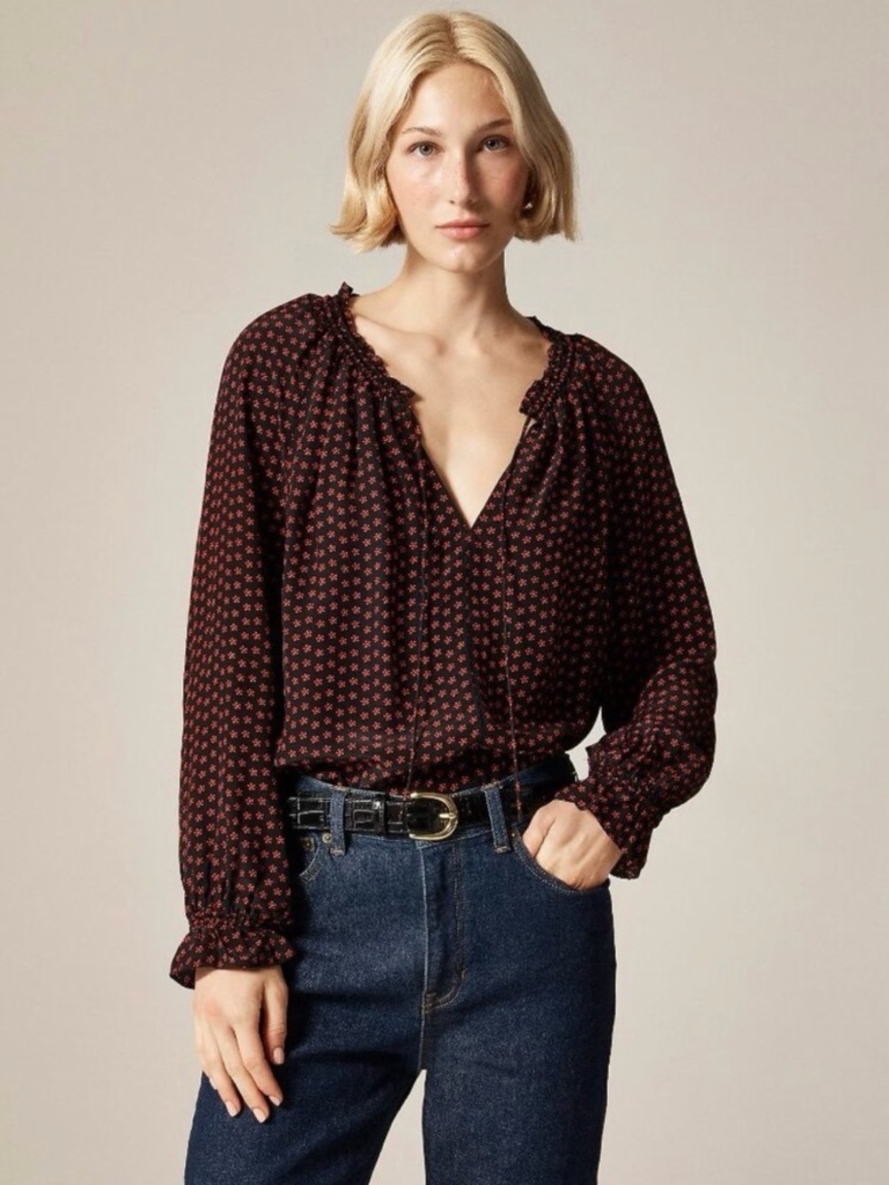 J. Crew Popover Long Sleeve Top in Ditsy Floral Crepe de Chine Black Size M NWOT